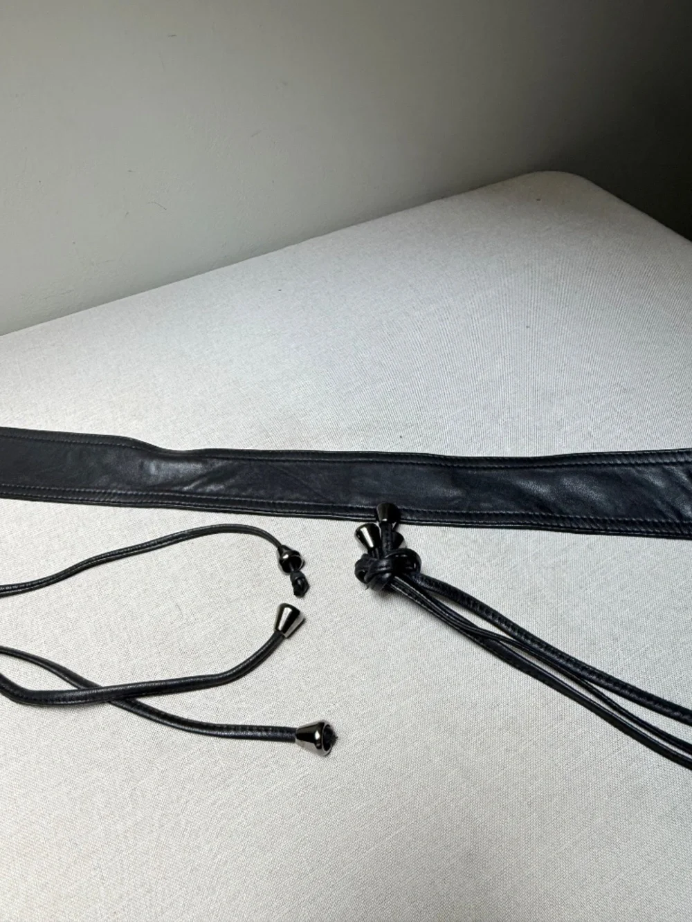 Black Faux Leather Obi Belt With Silver Beads